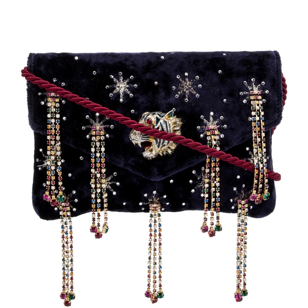AUTH GUCCI Rajah Embellished Navy Blue Velvet Clutch Bag BNIB $5,000